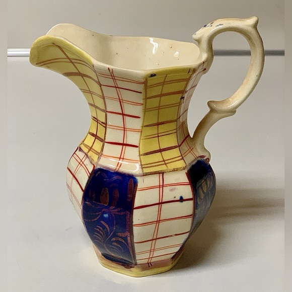19th Century Gaudy Welsh Unrecorded Plaid Grid Pattern Jug Handled Pitcher - Picture 16 of 16